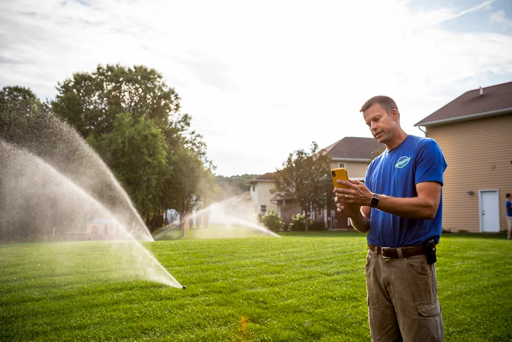 Beautiful landscaped lawn with irrigation system